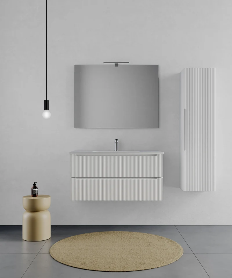 Consolle Bagno Legnox Rigo 100 cm Bianco Neve con 2 Cassetti, Lavabo, Specchio e Lampada