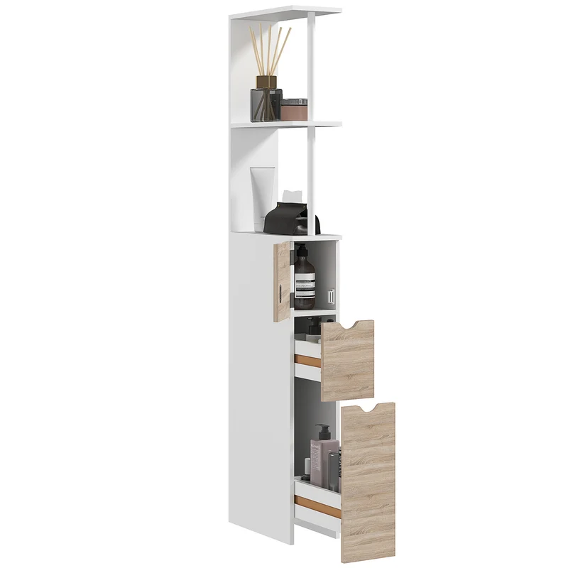 EasyComfort Mobile Colonna Bagno Salvaspazio con Armadietto, Mobiletto Moderno con Ripiani e Cassetti, in MDF, 15x33x136 cm, Colore Legno