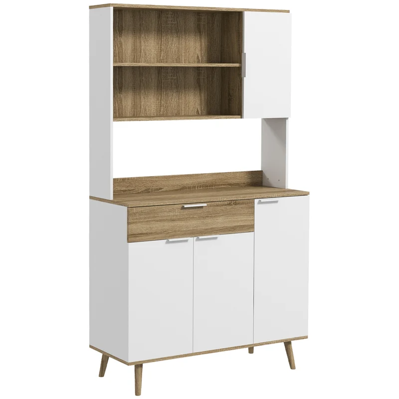 EasyComfort Credenza Cucina Alta Moderna con Armadietti e Cassetto, Mobile Dispensa con Ripiani regolabili, 98x39x180cm, Bianco e Legno