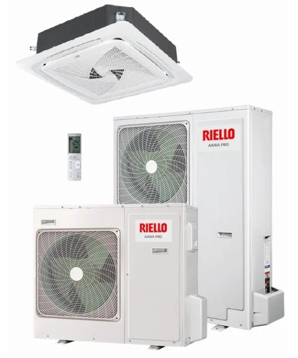 4-Wege-Kassetten-Klimaanlage 90x90 Riello 48000 Btu AARIA PRO P AMK 140 P dreiphasig R-32 mit Bedienfeld und Fernbedienung im Lieferumfang enthalten