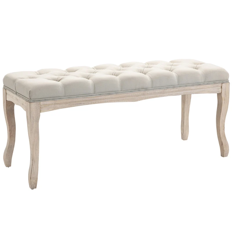 EasyComfort Vintage-Bettbank mit gepolstertem Stoffsitz und Holzbeinen, 110 x 40 x 48 cm, Beige