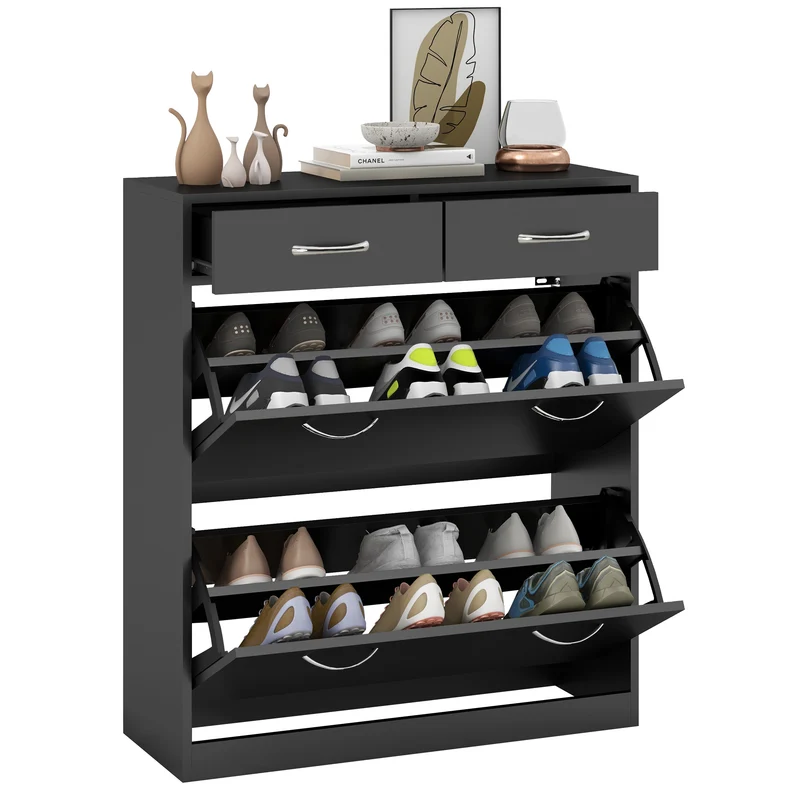 Mobiles EasyComfort-Schuhregal für 12 Paar mit 2 verstellbaren Innenböden und 2 Schubladen, aus Holz, 80 x 30 x 91,5 cm, Schwarz