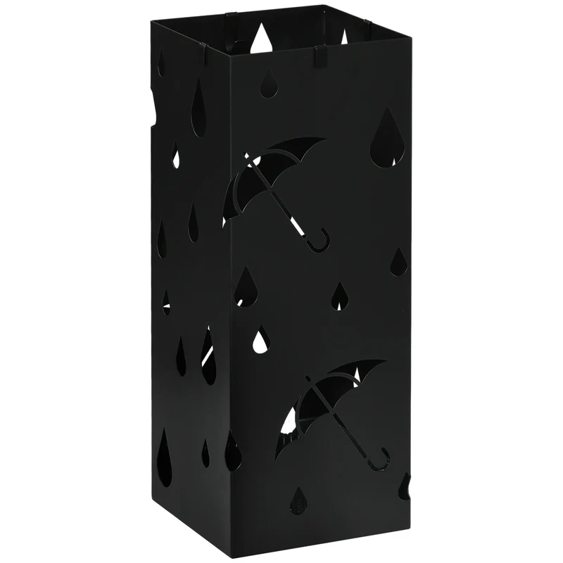 EasyComfort Schirmständer aus Metall mit 4 Haken und Abtropfschale, 15,5 x 15,5 x 41 cm, Schwarz