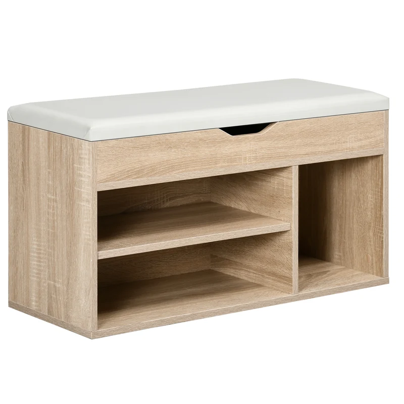 Platzsparendes, gepolstertes Schuhregal EasyComfort mit 2 offenen Regalen und versenkbarem Platz, aus Holz und PU-Leder, 80 x 30 x 45 cm
