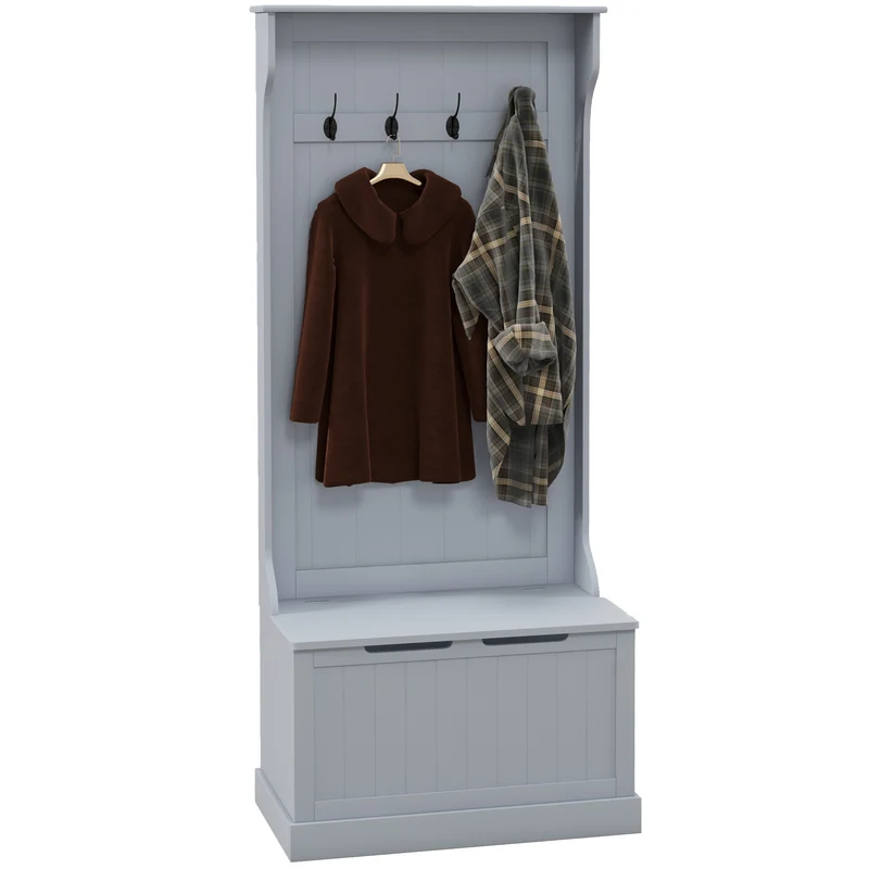 EasyComfort Mobiler Kleiderbügel 3 in 1 mit 4 Haken und Aufbewahrungsbank, aus Holz, 71,5 x 39,5 x 170 cm, Grau