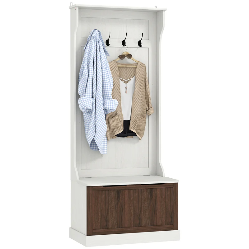 EasyComfort Mobiler Kleiderbügel 3 in 1 mit 4 Haken und Aufbewahrungsbank, aus Holz, 71,5 x 39,5 x 170 cm, Weiß