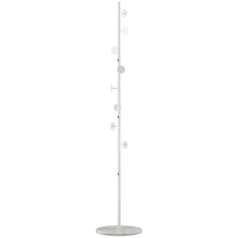 EasyComfort Kleiderbügelbaum aus Stahl mit 8 Haken und rundem Marmorsockel, 35 x 35 x 170 cm, Weiß