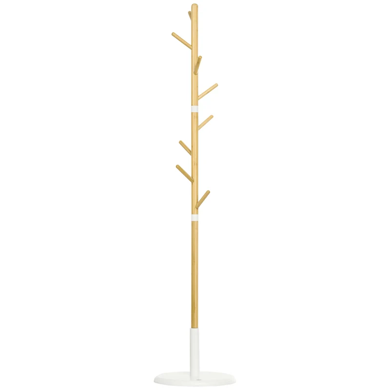 EasyComfort Kleiderbügelbaum mit 8 Haken mit runder Basis aus Bambus, Holz und Metall, Ø37,8 x 175,6 cm, Farbe Holz und Weiß