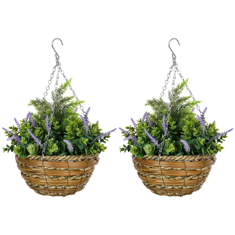 EasyComfort Set mit 2 künstlichen Lavendelpflanzen mit Topf und Haken, aus PE und Korbgeflecht, Ø25x34 cm, Grün und Lila