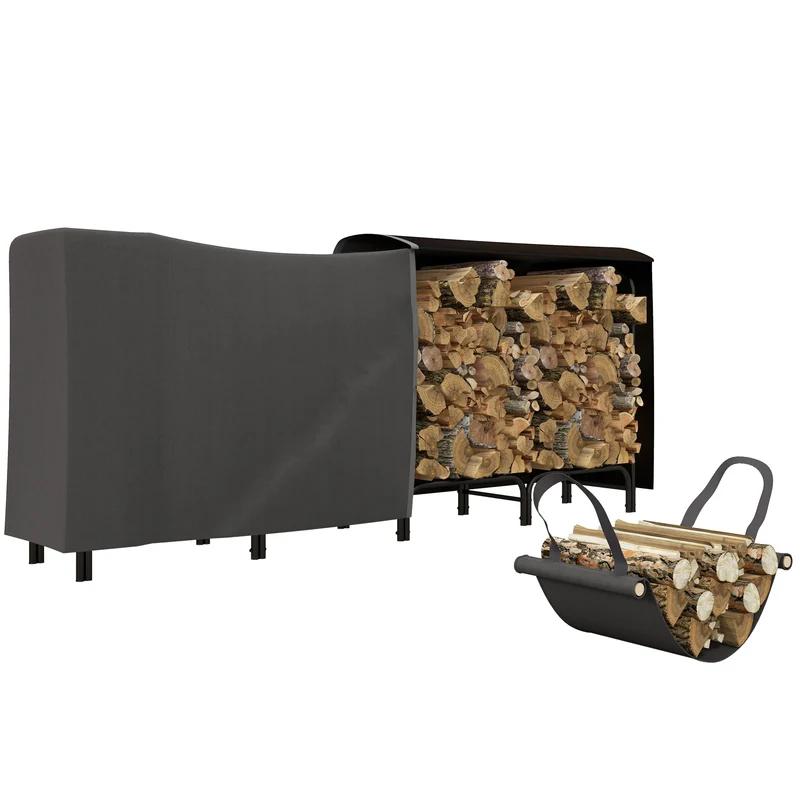EasyComfort Holzregal für den Innen- und Außenbereich aus Metall mit Holzregal und Abdeckung, 240 x 36 x 99 cm, Schwarz