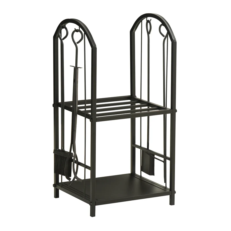 EasyComfort Holzregal mit 2 Regalen aus Metall, mit Schaufel, Besen, Schürhaken und Zange, 41,5 x 32,5 x 74,5 cm, Schwarz
