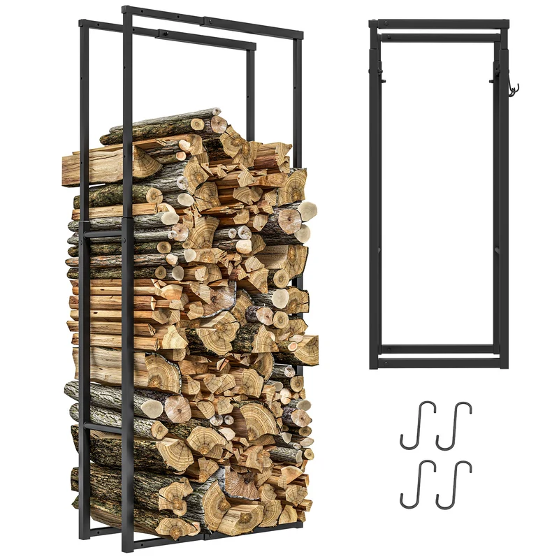 EasyComfort Verstellbarer Holzhalter für den Innen- und Außenbereich aus Metall mit S-Haken, 40–65 x 25 x 100–150 cm, Schwarz