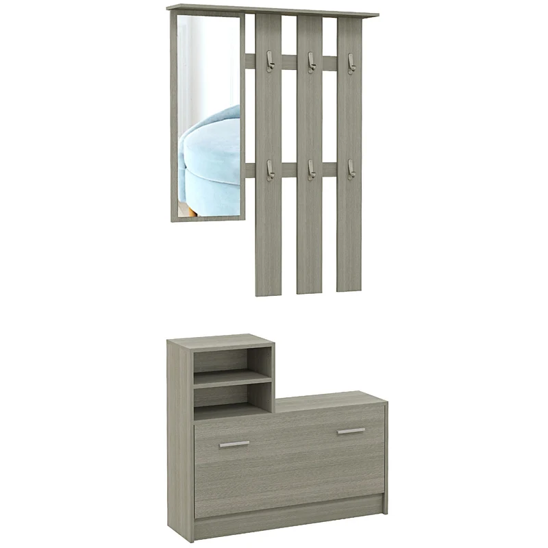 EasyComfort Flurmöbel-Set mit Garderobe, Spiegel, Bank mit Ablage und Schuhregal für 8 Paar Schuhe, Grau
