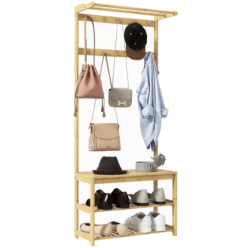 EasyComfort 3-in-1 Bambus-Kleiderbügel mit 10 Haken, 2 Stangen und Schuhregalbank, 70 x 31 x 170 cm, braun