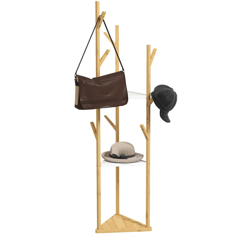 EasyComfort Tree Kleiderbügel aus Bambus mit 9 Haken und 3 Ablagen, Naturholz und Weiß