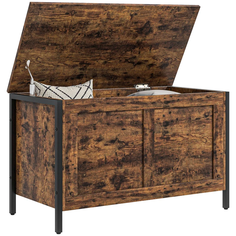 EasyComfort 95L Holztruhe im Industriestil mit Deckel und Sicherheitsscharnier, 80x40x49cm, Braun