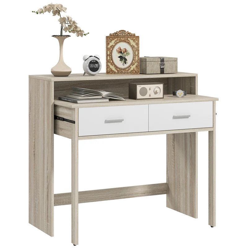 EasyComfort 2-Ebenen-Konsolentisch mit abnehmbarer Platte und 2 Holzschubladen, 95 x 35 x 87 cm, Eiche