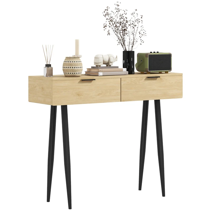 EasyComfort Flurkonsole im nordischen Stil mit 2 Schubladen aus Holz und Stahl, 100 x 30 x 80,5 cm, Eiche