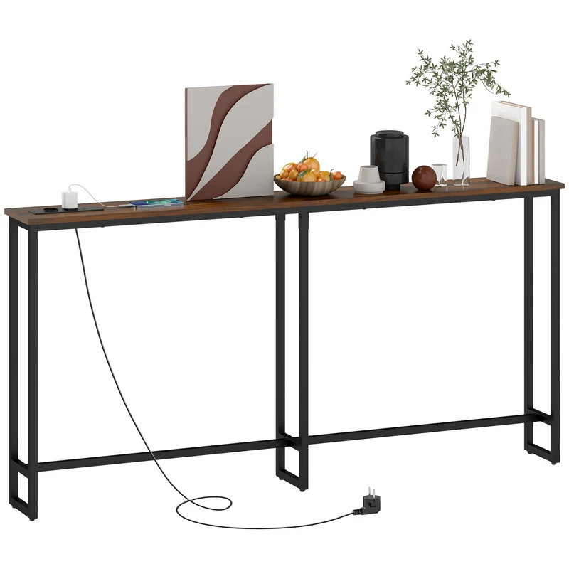 EasyComfort Konsolentisch im Industriestil mit Ladestation, aus Holz und Stahl, 160 x 20 x 80 cm, Braun