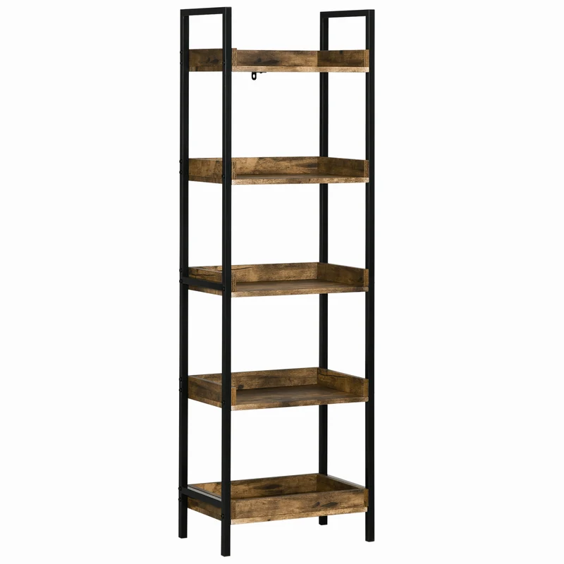 Easycomfort Bücherregal im Industriestil mit 5 Regalen aus Holz und Metall, 48 x 30 x 155 cm, rustikales Braun