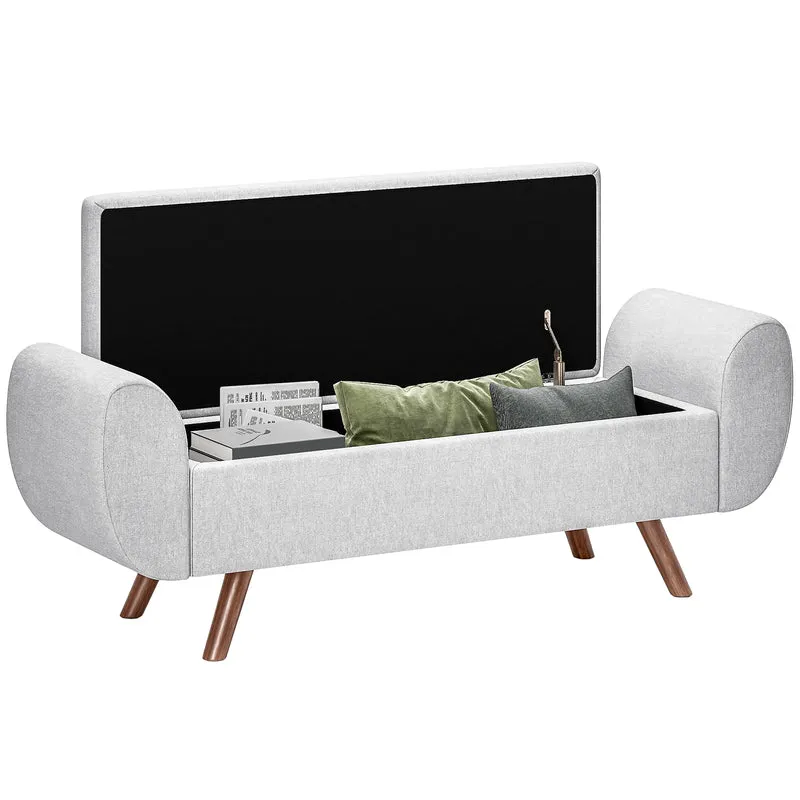 EasyComfort-Bettbank mit Stauraum, Stoffarmlehnen, Holzbeinen und 53,8-Liter-Fach, 132 x 42 x 50 cm, Grau