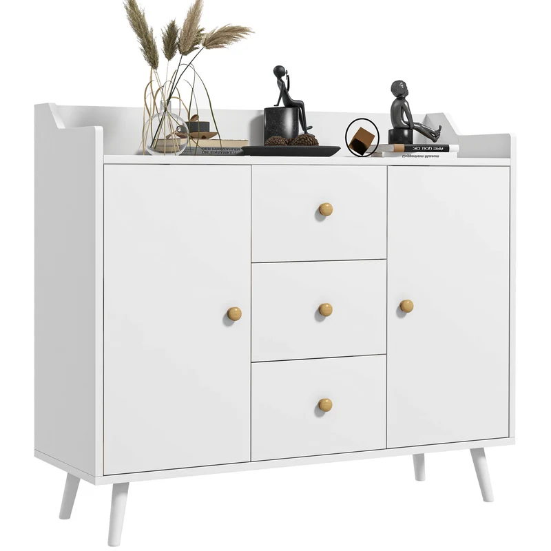 Modernes EasyComfort-Sideboard aus Holz mit 3 Schubladen und 2 2-stöckigen Schränken, 90 x 32 x 80 cm, Weiß