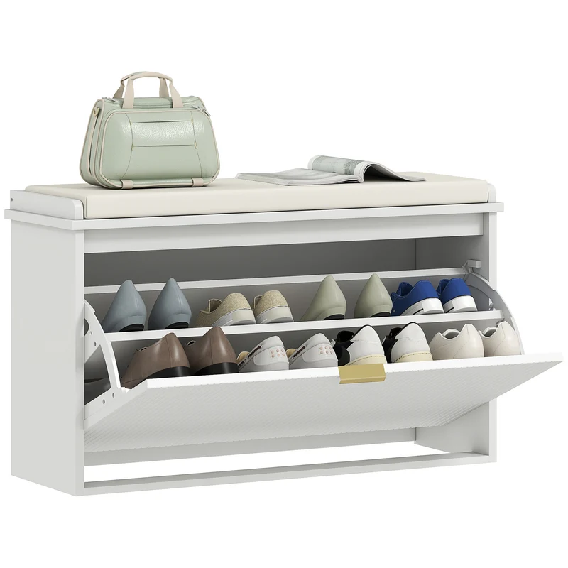 EasyComfort Schuhregalbank mit Innenregal, aus Stoff in Holz- und Leinenoptik, 80 x 26 x 47,5 cm, Weiß und Beige