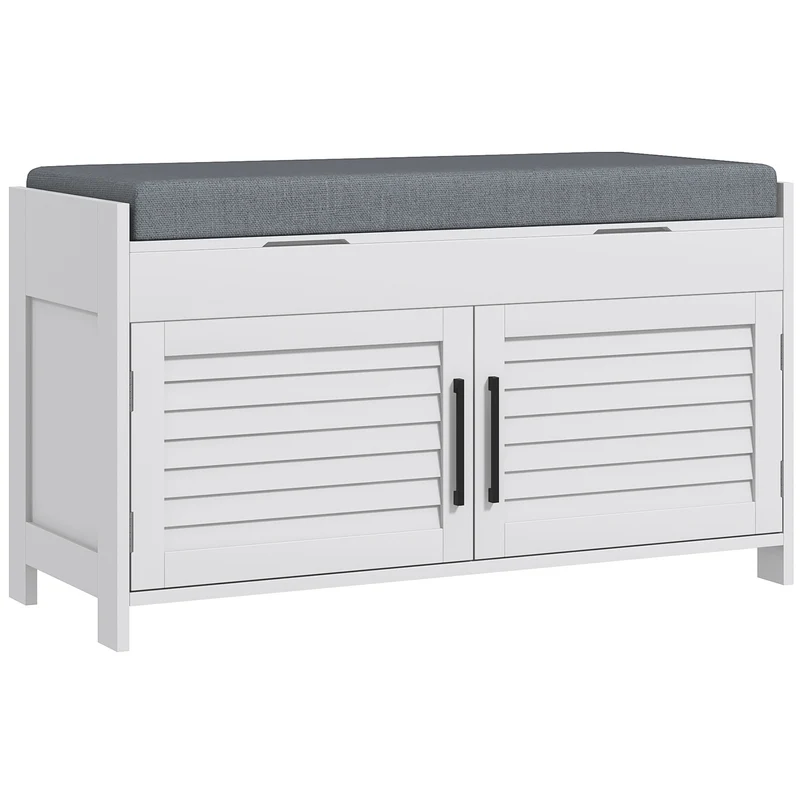 EasyComfort Schuhregalbank mit auf 3 Ebenen verstellbarer Innenablage, aus MDF und Leinenoptik, 90 x 36 x 50 cm, Weiß und Grau