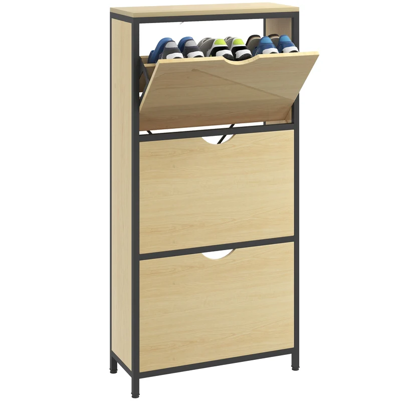 EasyComfort Slim Schuhregal mit 3 Schubladen und verstellbaren Regalen für 18 Paar Schuhe, 60 x 24 x 124 cm, Eiche