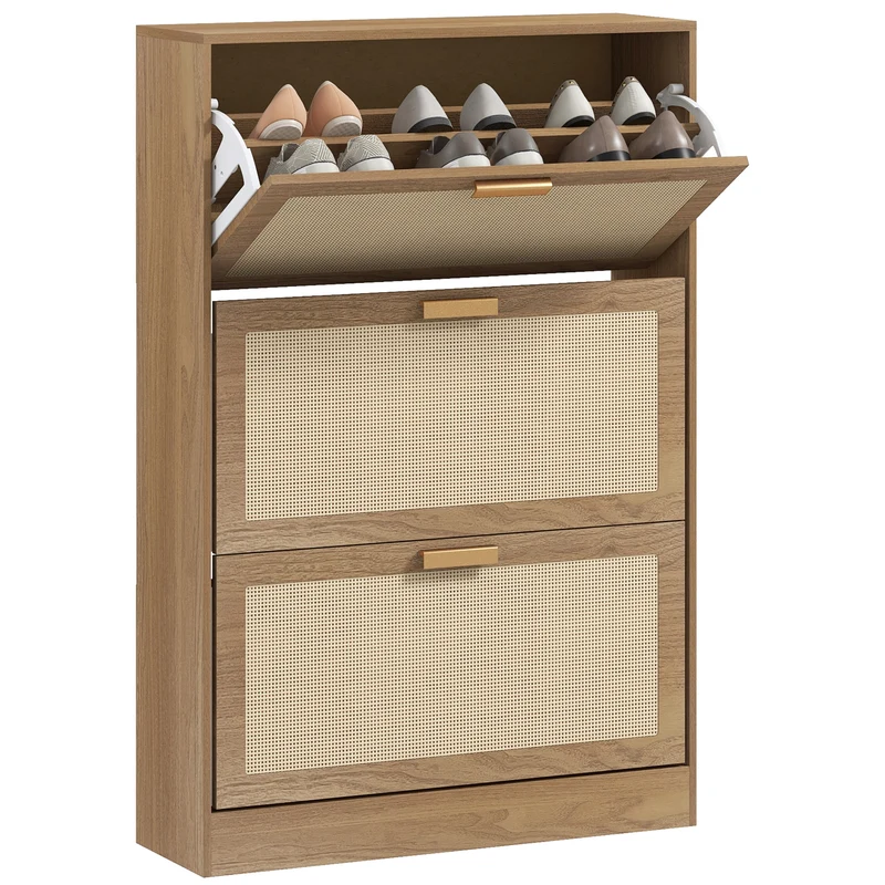 Mobiles Schuhregal EasyComfort für 18 Paar Schuhe mit 3 klappbaren Schubladen aus Holz und Rattan, 80 x 25 x 120 cm, braun
