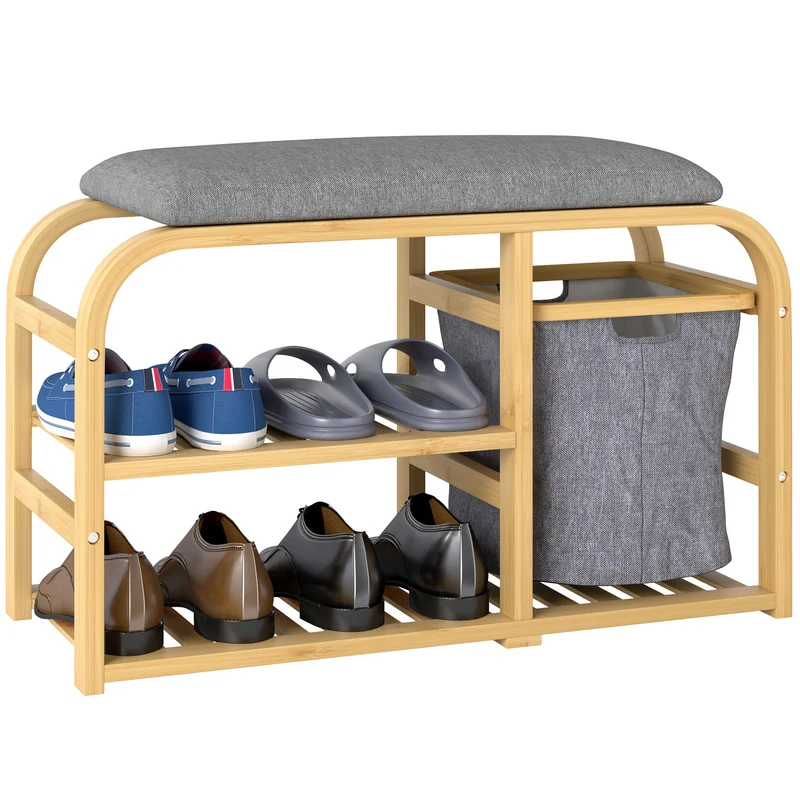 EasyComfort Schuhbank für den Eingangsbereich mit gepolstertem Sitz, Lattenrost und abnehmbarem Korb, 70 x 30 x 45 cm, Holz
