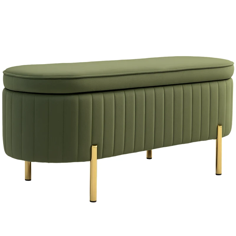 EasyComfort 72L ovale Aufbewahrungsbank mit anhebbarem Deckel, aus Stoff in Samt- und Holzoptik, 108 x 44 x 43,5 cm, Grün