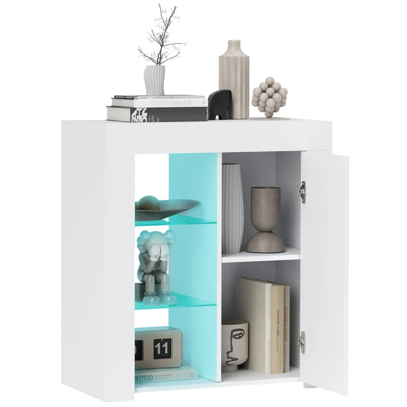 EasyComfort LED-Aufbewahrungseinheit mit 3 offenen Regalen und 2-stufigem Schrank, aus Holz und Glas, 75 x 40,1 x 83 cm, Weiß