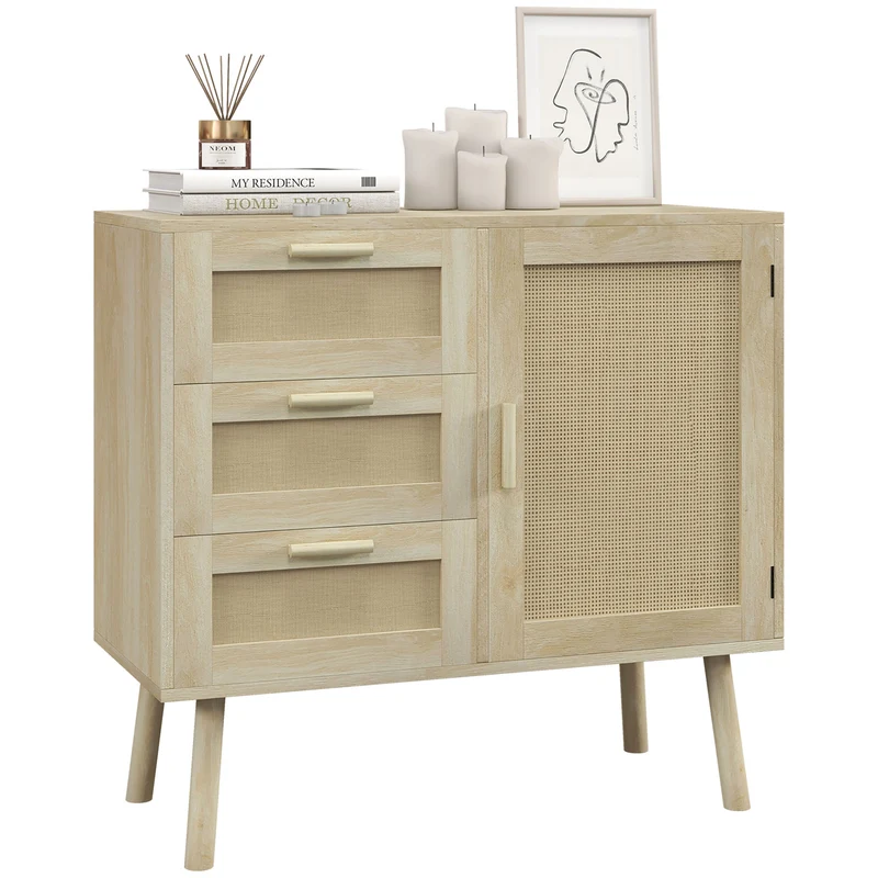 EasyComfort Mehrzweckschrank im Boho-Stil mit Schrank und 3 Schubladen aus Holz und Rattan, 80 x 36 x 75 cm, Eiche