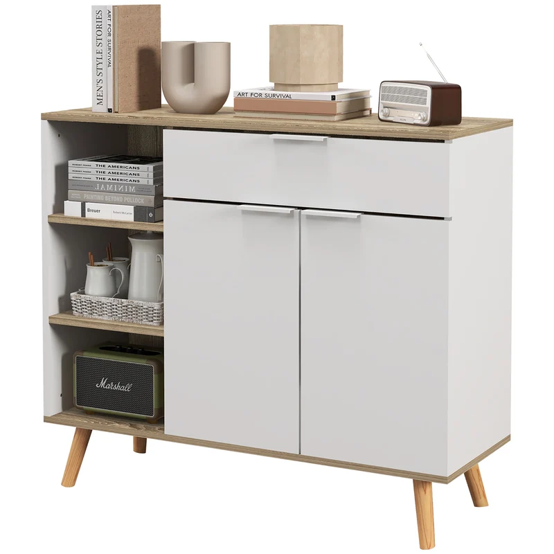 Platzsparender Mehrzweckschrank EasyComfort mit 3 offenen Regalen, Schrank und Schublade, aus Spanplatte, 95 x 35 x 85 cm