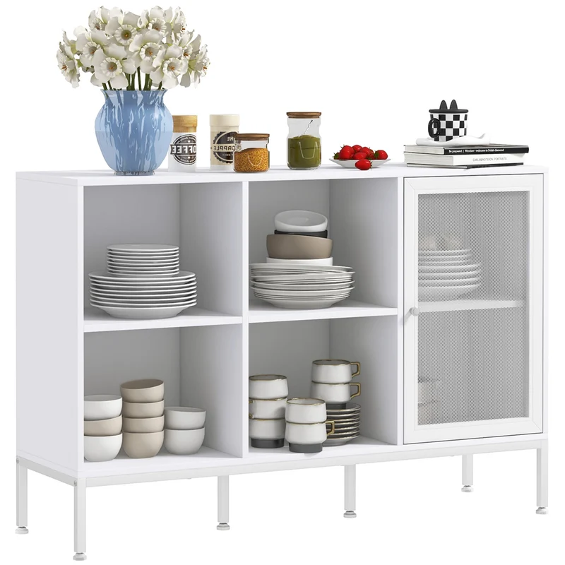 Mobiles EasyComfort-Buffet mit 4 offenen Regalen und Schrank, aus Spanplatte und Stahl, 120 x 37 x 81,5 cm, Weiß