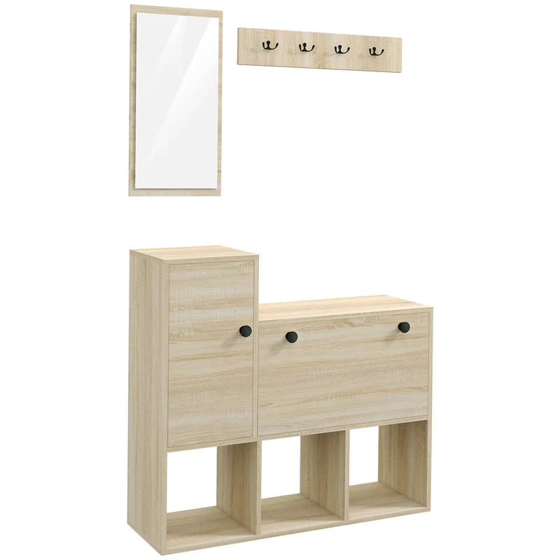 Easycomfort Eingangs-Set mit Wandaufhängung, 4 Haken, Schuhregal für 9 Schuhe, Schrank und Spiegel