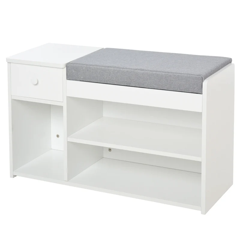 Easycomfort Schuhregalbank mit Kissen, Schublade und 3 offenen Holzfächern, 81 x 31,5 x 49 cm, Weiß