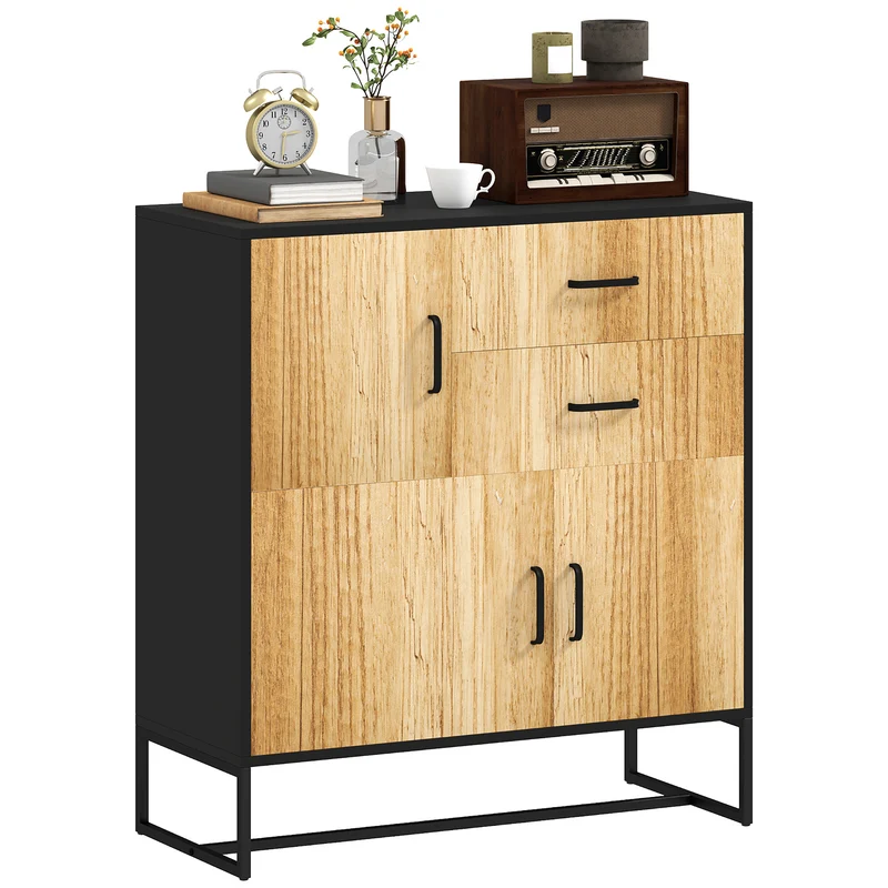 Modernes EasyComfort-Sideboard mit 3 Schränken und 2 Schubladen, aus Spanplatte und Stahl, 80 x 35 x 88 cm, Schwarz und Holzfarbe