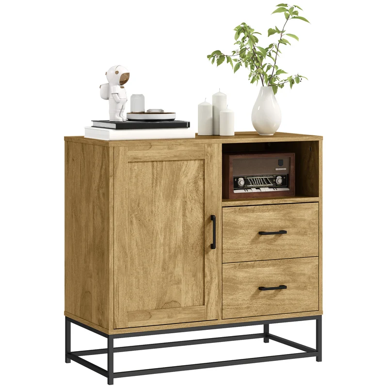 EasyComfort Modernes Sideboard mit 2 Schubladen, verstellbarem Schrank und offenem Regal, aus Holz und Stahl, 80 x 40 x 78 cm, Braun
