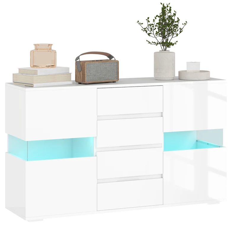 EasyComfort Modernes Sideboard mit verstellbarer LED mit Fernbedienung, 4 Schubladen und 2 Schränken, 120 x 34 x 70 cm, Weiß