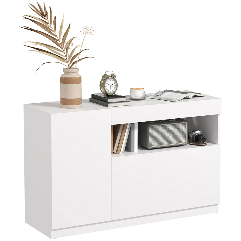 EasyComfort Modernes niedriges Sideboard mit weichen Türen und Drucköffnung, verstellbare Regale, Weiß