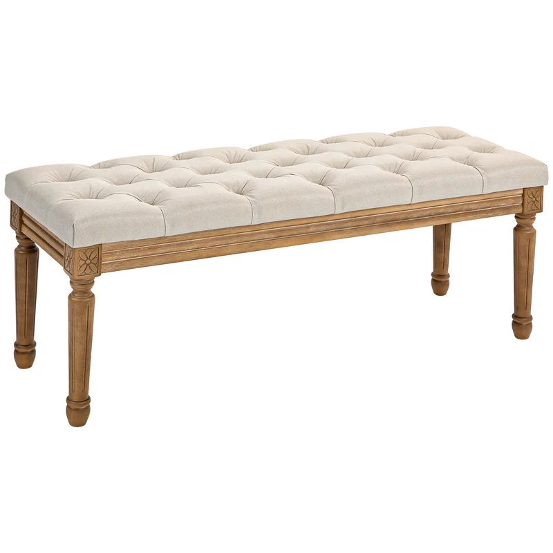 Gepolsterte EasyComfort-Bettbank mit geknöpfter Sitzfläche aus Stoff und Holz, 120 x 41 x 48 cm, Creme