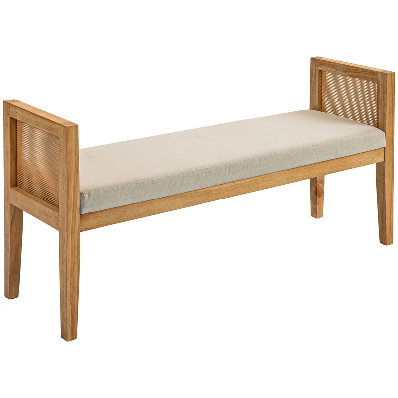 EasyComfort Boho-Bettbank mit gepolstertem Sitz und Armlehnen aus Holz und Rattan, 120 x 38 x 61,5 cm, Creme