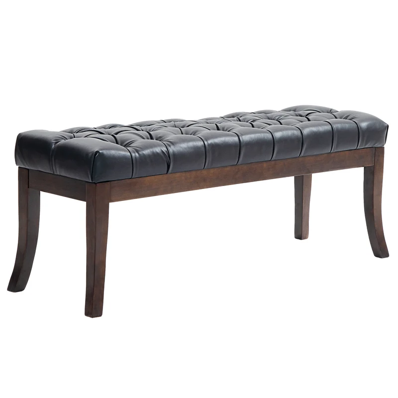Gepolsterte EasyComfort-Bettbank mit Knopfdesign und gebogenen Beinen, aus PU-Leder und Holz, 120 x 38 x 46 cm, Schwarz