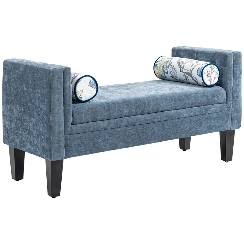 EasyComfort-Bettbank mit gesteppten Armlehnen und 2 Kissen, aus Chenille und Holz, 115,5 x 45 x 56 cm, Grau und Schwarz