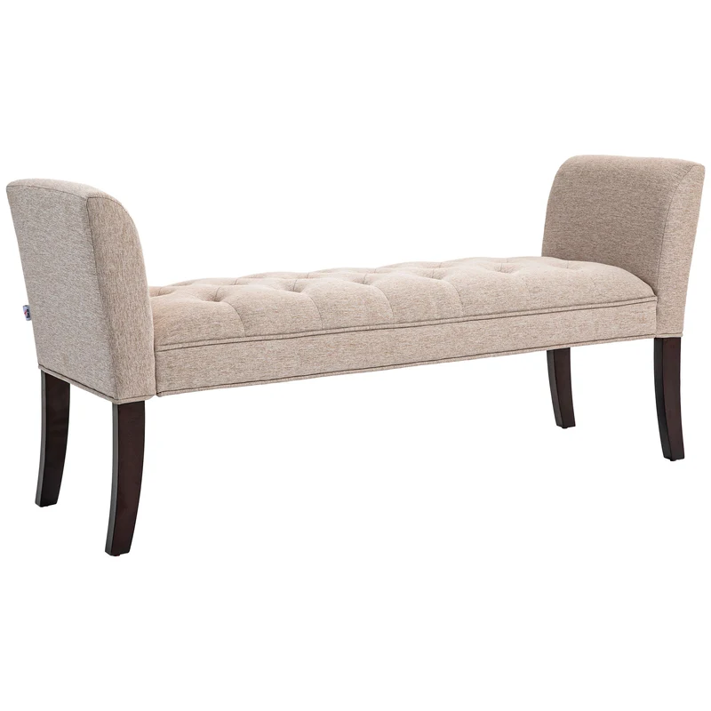 Gepolsterte und geknöpfte EasyComfort-Bettbank, aus Stoff in Leinen- und Holzoptik, 141 x 44 x 65 cm, Beige