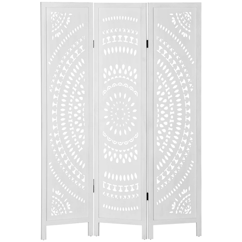 EasyComfort Separater Faltschirm für den Innenbereich mit 3 geschnitzten Holzpaneelen, 120 x 170 cm, Weiß