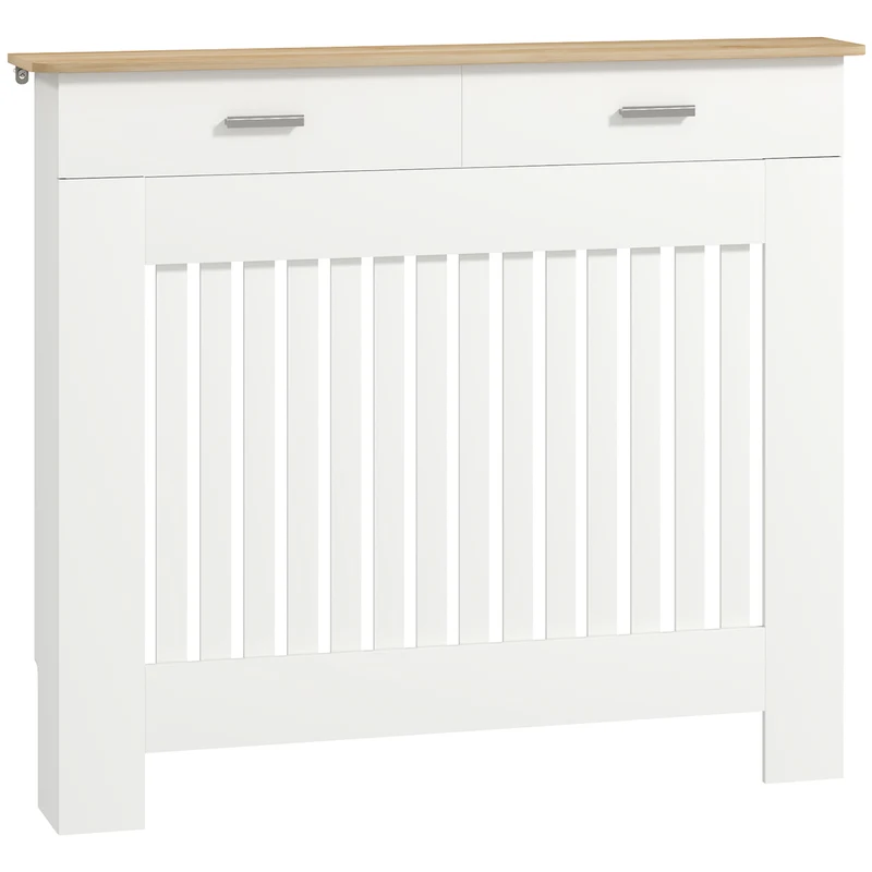 EasyComfort kippsichere Lamellen-Heizkörperabdeckung mit Aufbewahrungsschublade, aus Holz, 112 x 19 x 97 cm, weiß