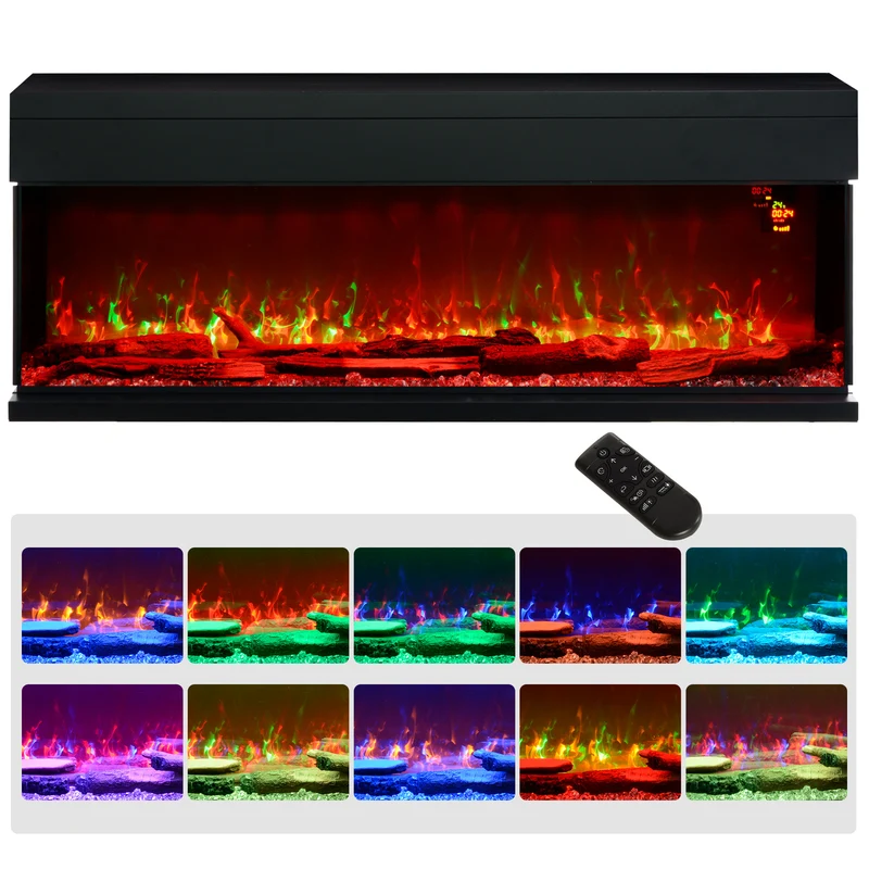 EasyComfort Einbau- und Wand-Elektrokamin 1800 W mit verstellbaren LED-Farbflammen, Temperatur bis zu 40 °C, Schwarz